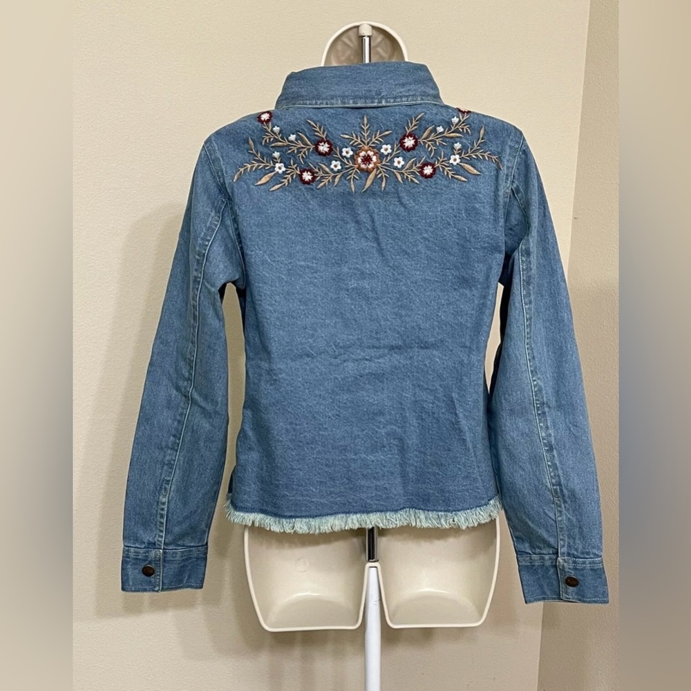 Keren Hart Women’s Blue Floral Embroidery Long Sleeve Button Up Denim Jacket s M - Picture 5 of 12
